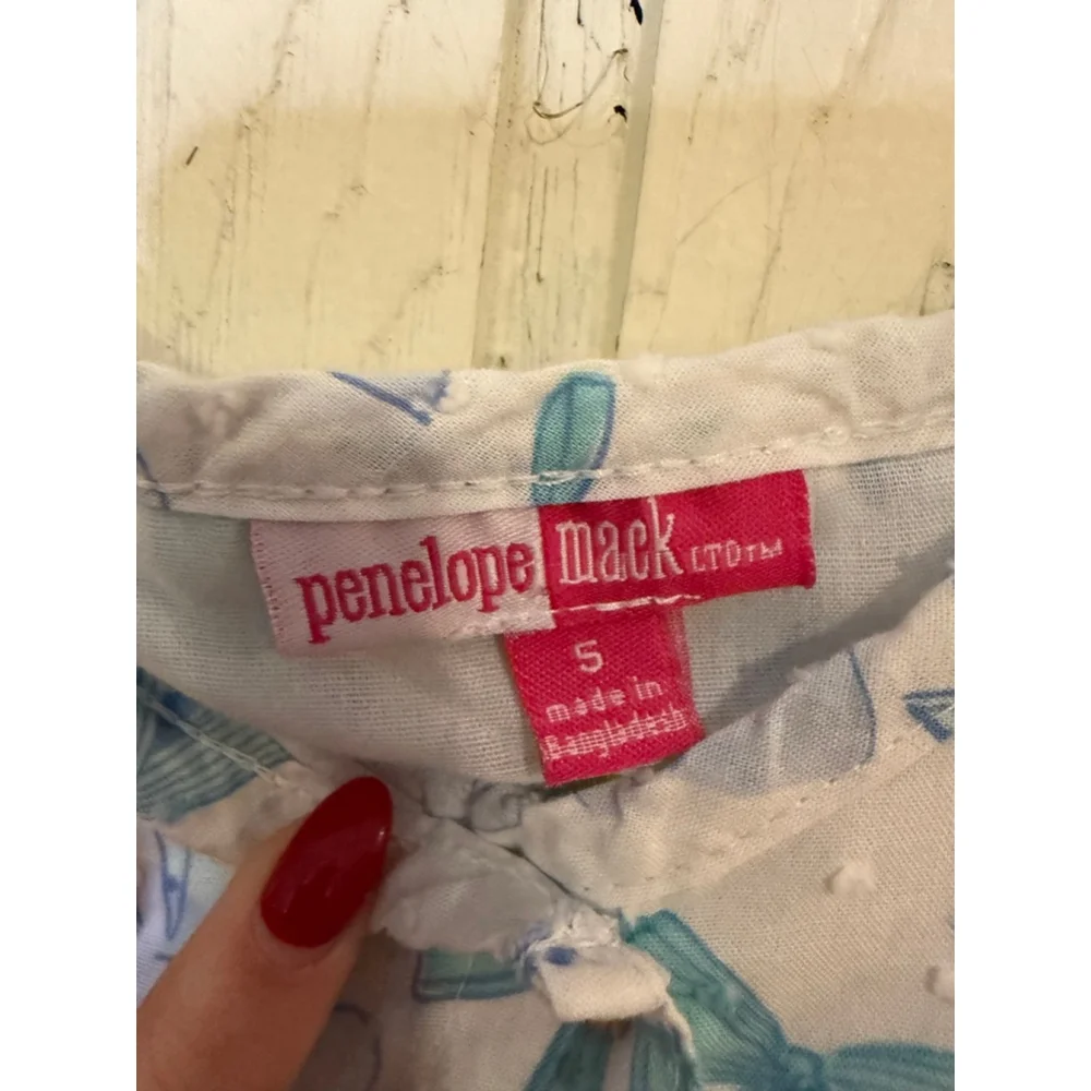 Penelope Mack Girls White Blue Bow Print Dress Small